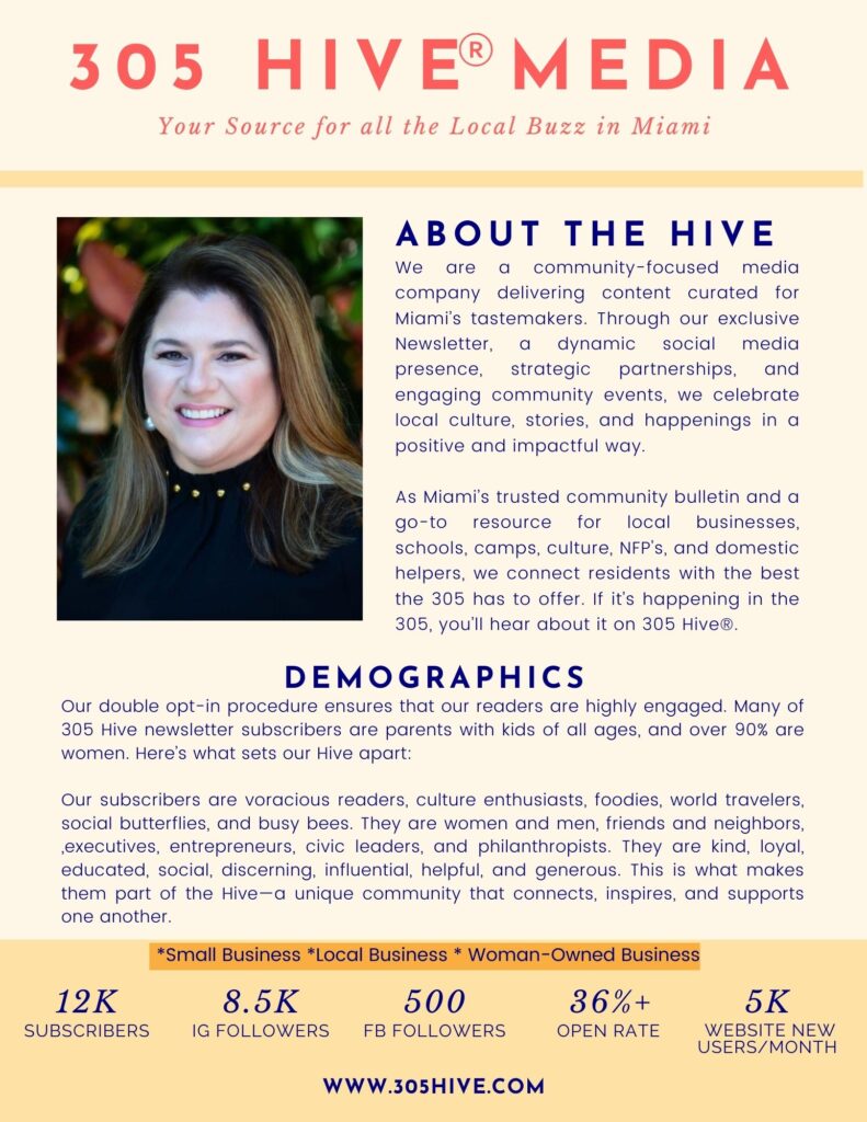 An informational flyer for 305 Hive® Media. It features a photo of the founder and text describing the company as a source for local Miami buzz. The "Demographics" section highlights a subscriber base that is over 90% women. Key metrics listed include 12K subscribers, 8.5K Instagram followers, and a 36%+ newsletter open rate.