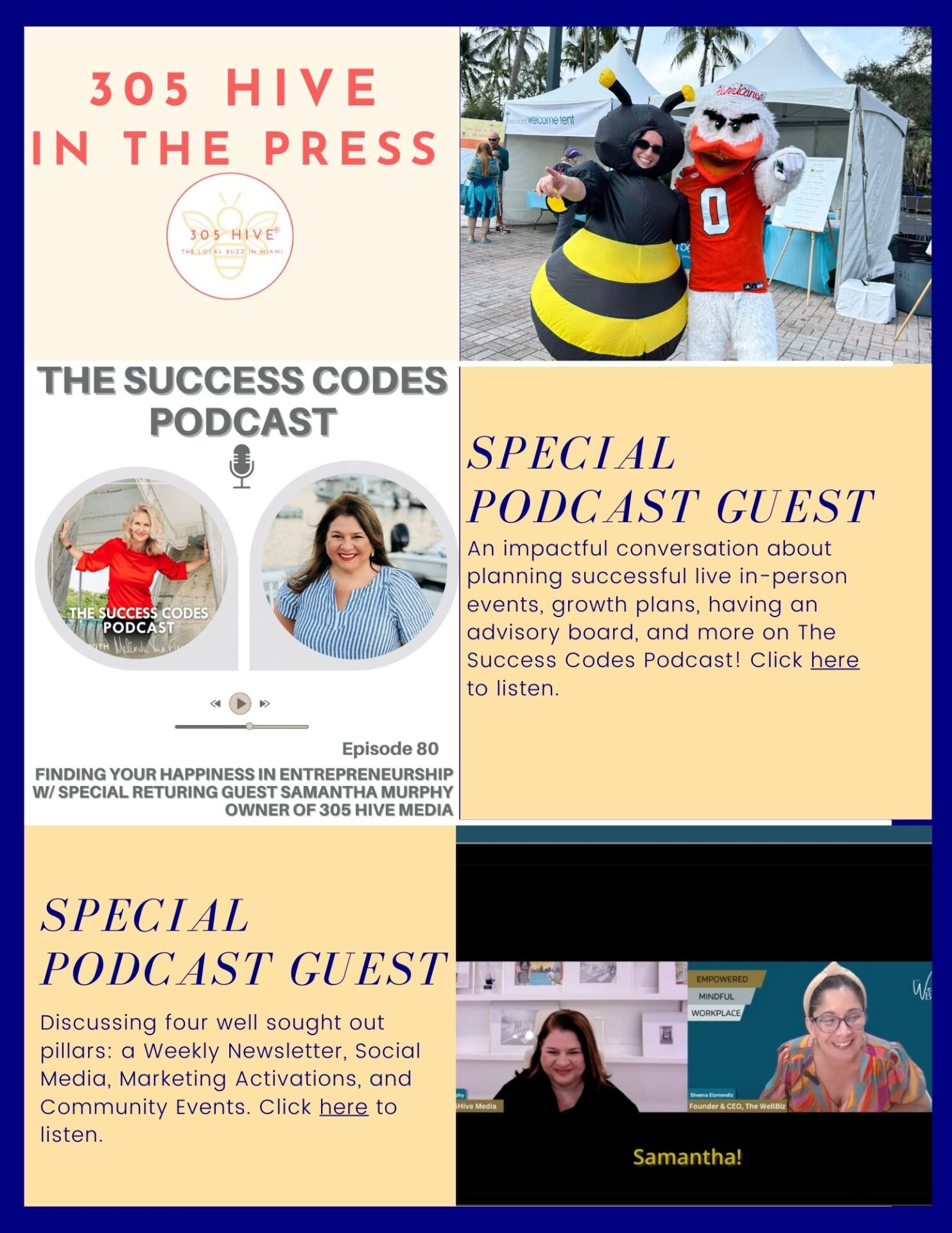 A press graphic for 305 Hive highlighting two special podcast guest appearances. It features promotional images for founder Samantha Murphy's interviews on "The Success Codes Podcast" and another podcast discussing topics like entrepreneurship and marketing.