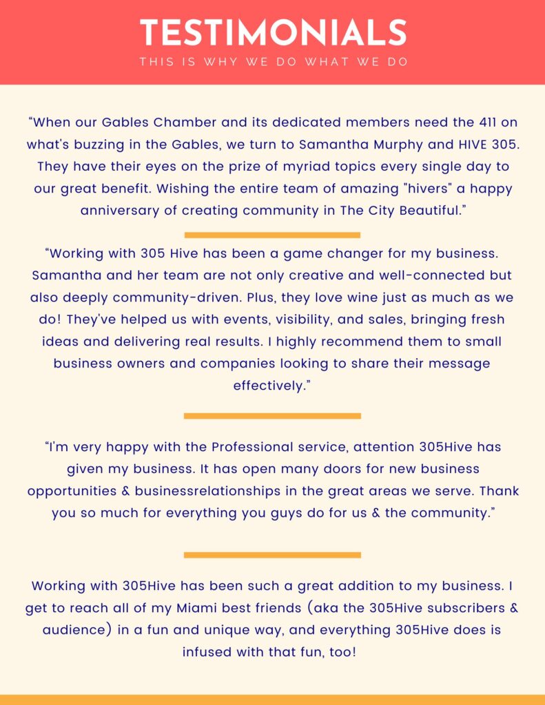 A testimonials graphic for 305 Hive featuring four positive reviews. Clients, including the Gables Chamber, praise the company for being a "game changer," providing professional service, and offering a fun and unique way to connect with the Miami community.