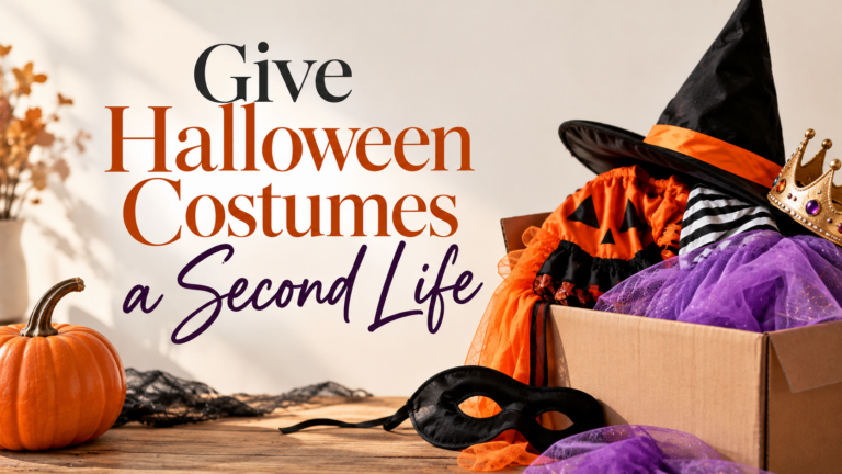 Featured image for Give Halloween Costumes a Second Life, featuring a box of reusable Halloween costumes, a witch hat, princess crown, masks, and a pumpkin.