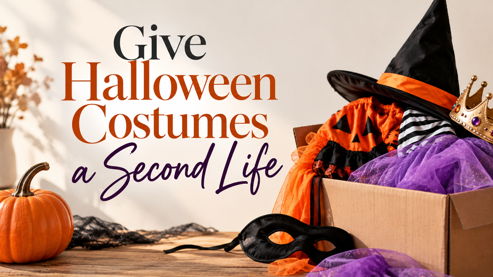 Featured image for Give Halloween Costumes a Second Life, featuring a box of reusable Halloween costumes, a witch hat, princess crown, masks, and a pumpkin.