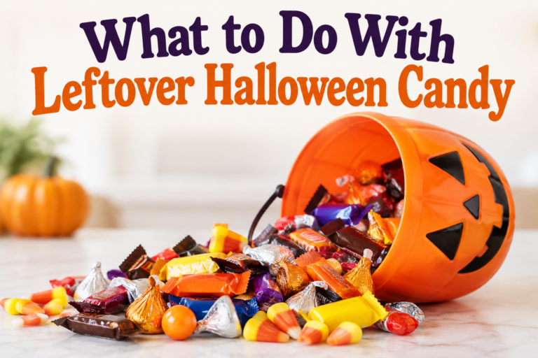 Featured image for What to Do With Leftover Halloween Candy, showing an orange pumpkin bucket spilling assorted wrapped Halloween candy.