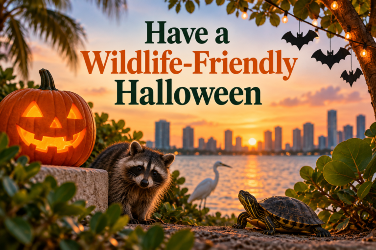 Featured image for Have a Wildlife-Friendly Halloween, featuring a glowing jack-o'-lantern, raccoon, egret, and turtle against a Miami waterfront sunset.